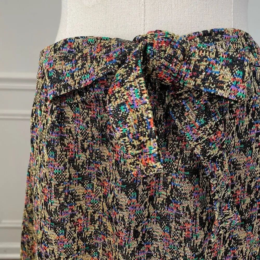 Vintage 70s Lurex Abstract A-Line Maxi Skirt Gold Black Red Blue Green Purple S